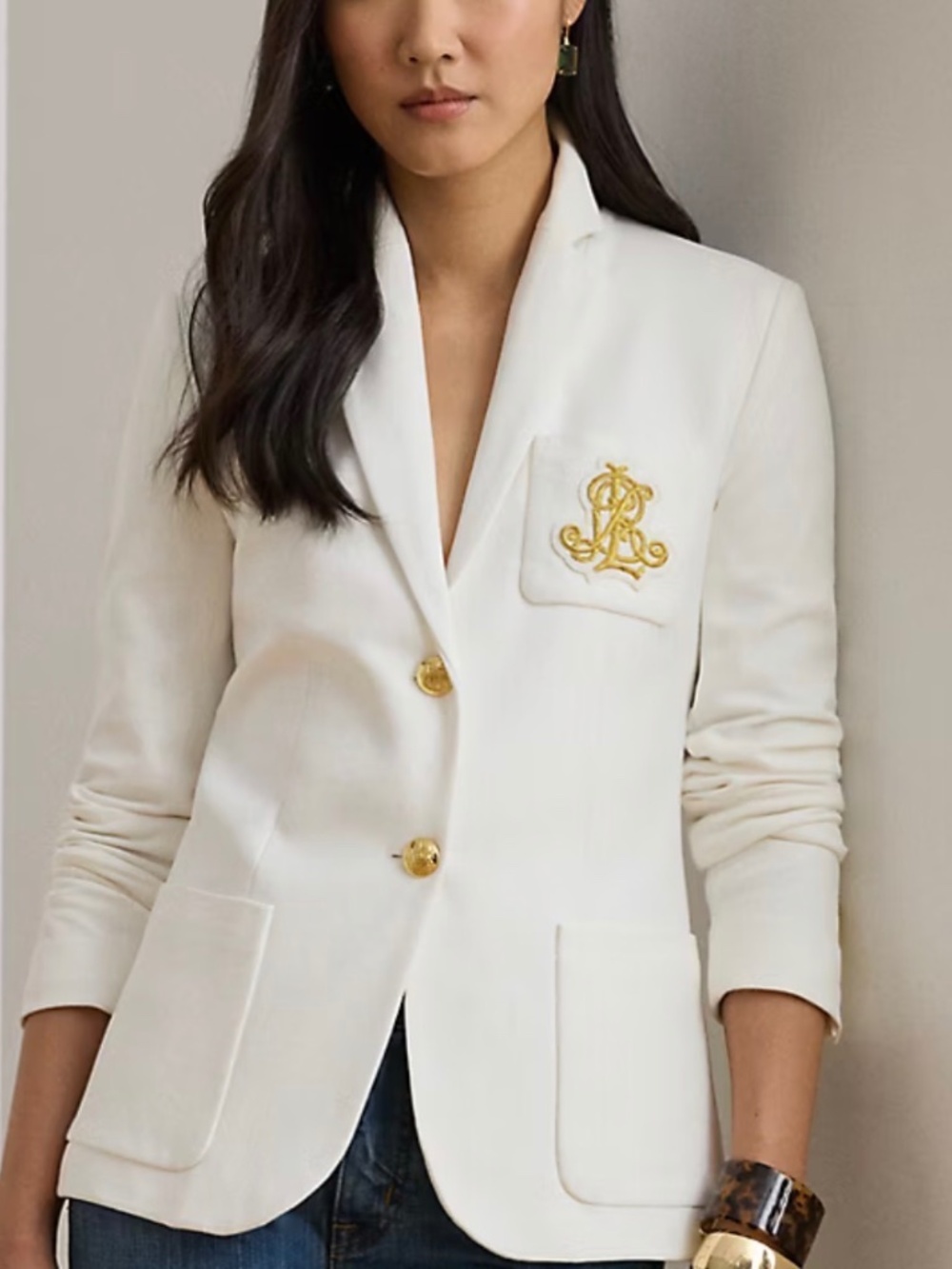 Lauren Ralph Lauren Bullion Jacquard White Blazer XXL Preppy Luxury Gold Crest
